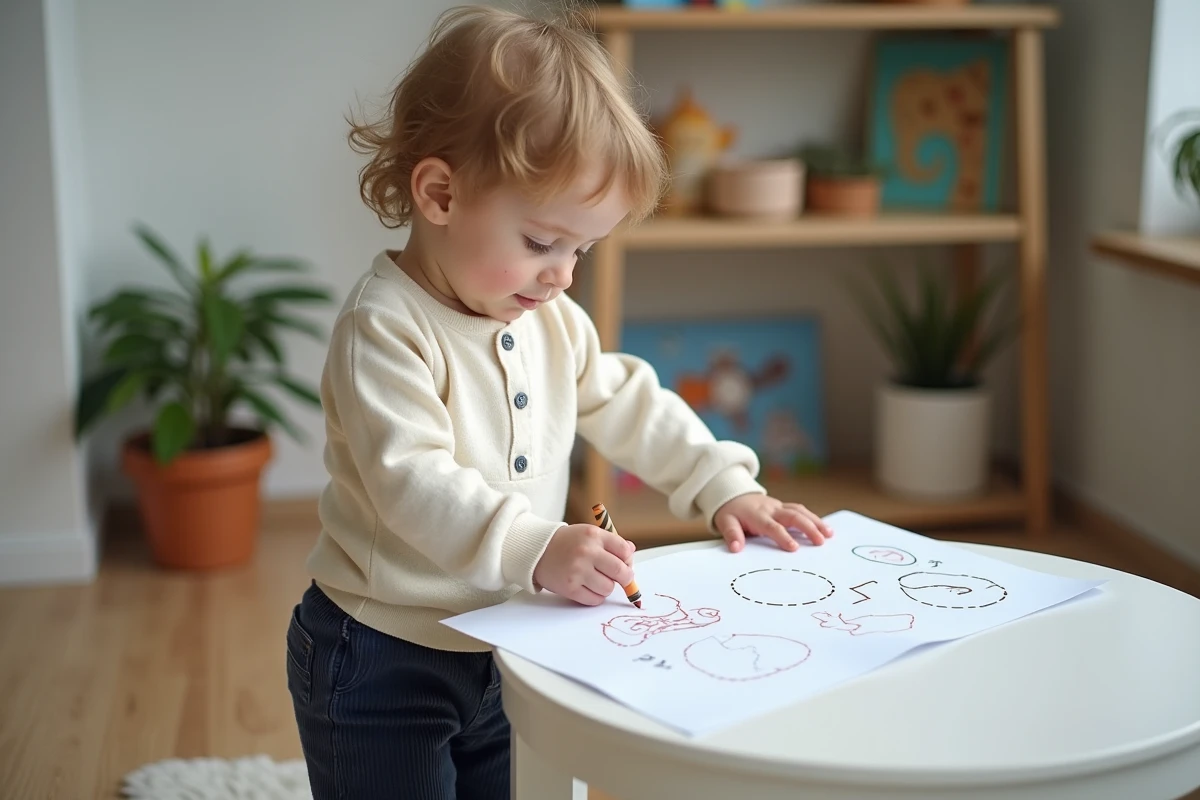 Petit garçon de 2-3 ans en maternelle traçant des formes sur une fiche d'activité imprimable pour développer l'autonomie à la maison
