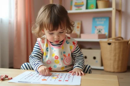 Petite fille de 2-3 ans faisant une activité autonomie imprimable à la maison avec des pièces de puzzle sur une table en bois
