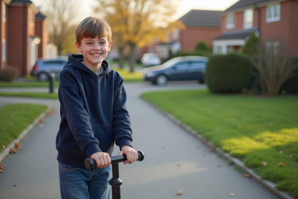 Jeune garçon de 14 ans avec scooter dans la rue