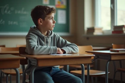 Jeune gar&ccedil;on seul dans une salle de classe en r&eacute;flexion