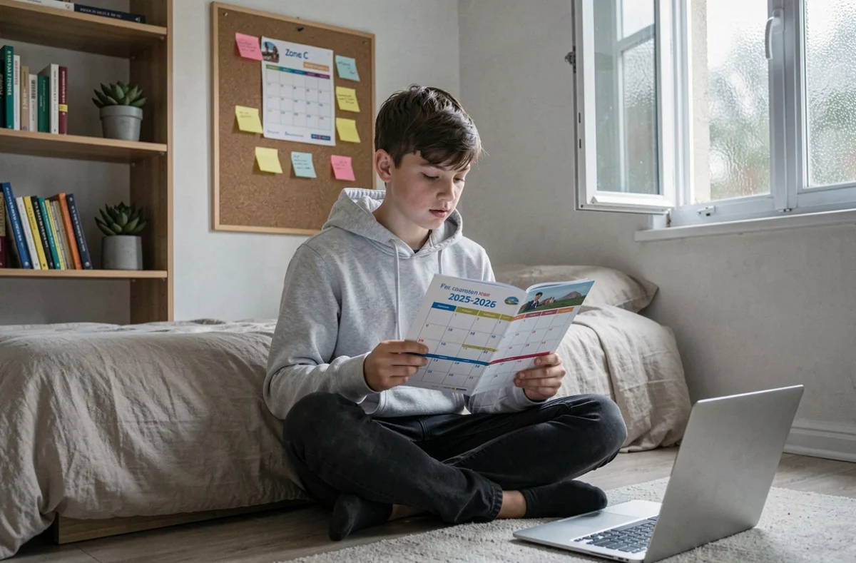 Adolescent consultant le calendrier des vacances scolaires 2025 2026 zone C dans sa chambre