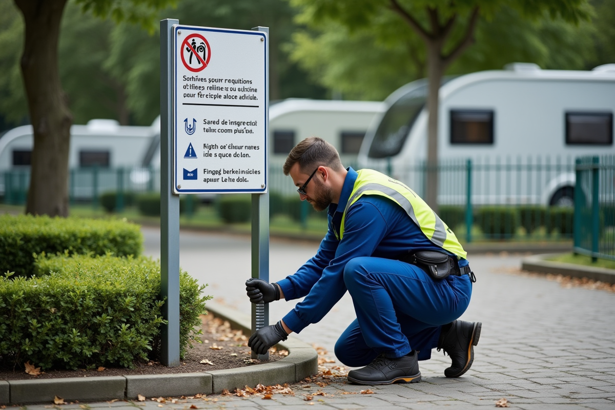 Agent municipal ajustant un panneau dans un parc urbain