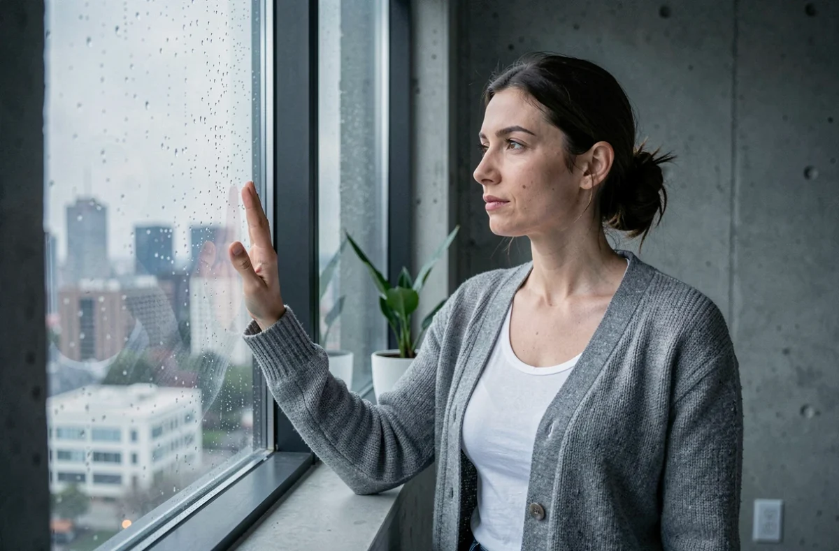 Femme pensive regardant par la fenêtre sous la pluie, illustrant la nuance entre amour et désir dans la psychologie féminine