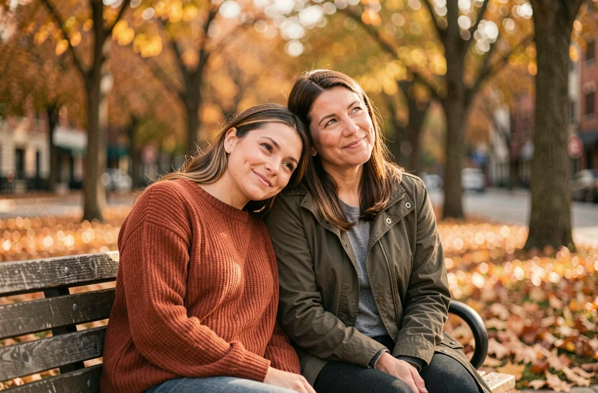 Deux femmes complices assises sur un banc en automne, symbolisant l'amour affectif et la connexion émotionnelle féminine