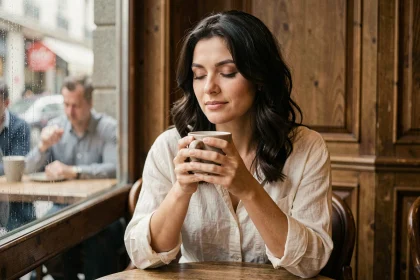 Femme contemplative dans un café tenant une tasse, illustrant l'amour comme sentiment profond et intérieur