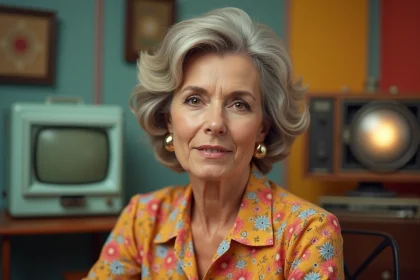 Portrait d'une animatrice de télévision française style années 80 dans un studio vintage coloré évoquant l'univers de Dorothée