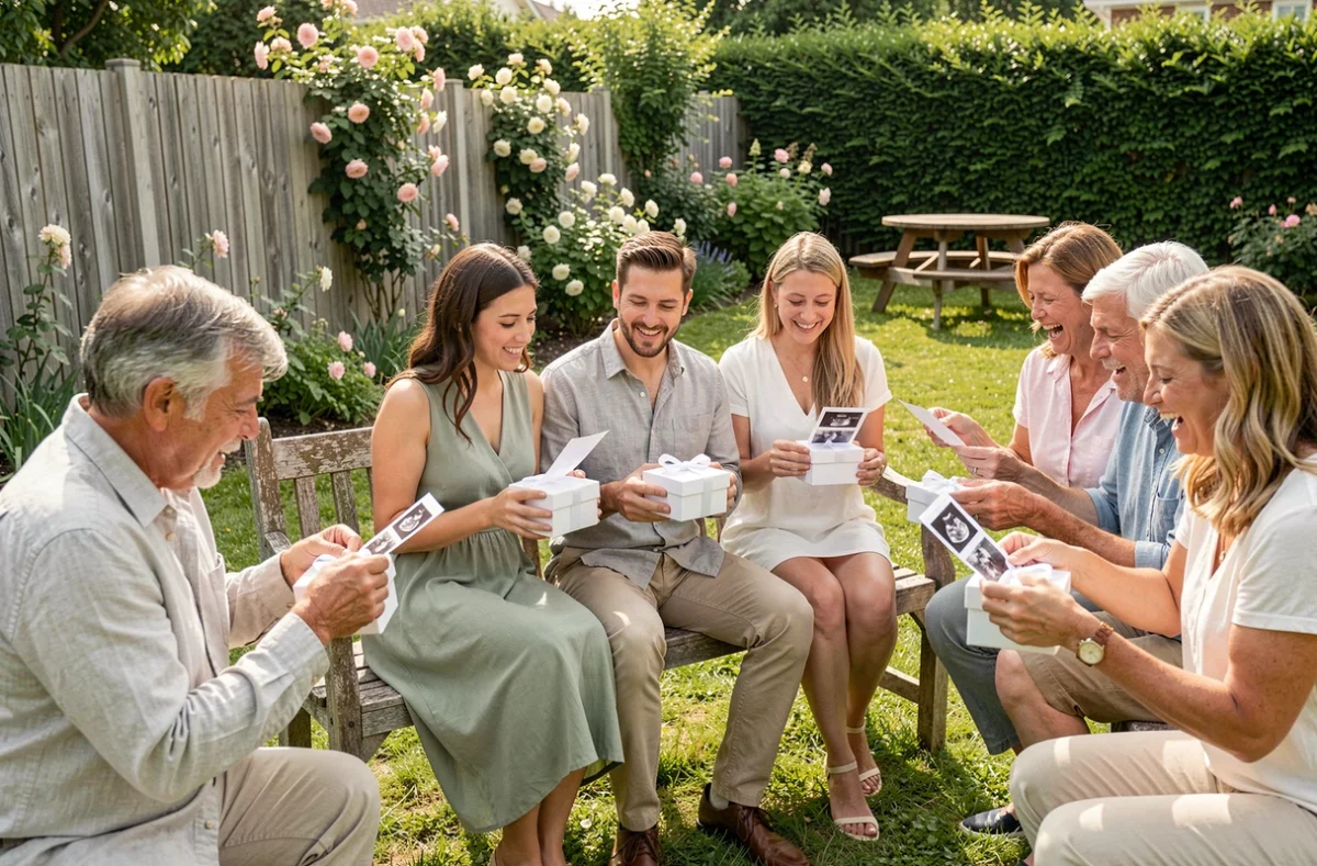 Couple filmant la réaction émue de toute la famille découvrant simultanément l'annonce de grossesse à travers un cadeau personnalisé dans un jardin