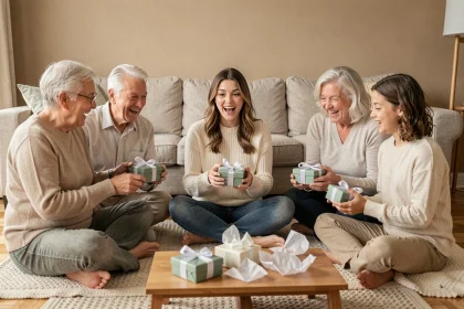 Famille réunie dans un salon décoré simplement, déballant simultanément de petits cadeaux pour découvrir l'annonce d'une grossesse