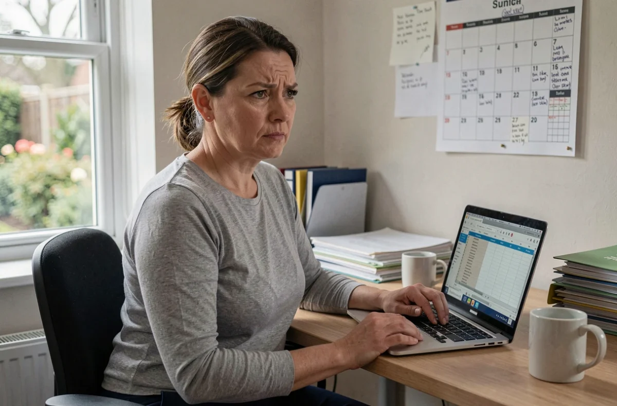 Assistante familiale concentrée sur la gestion budgétaire devant un ordinateur portable dans un bureau à domicile