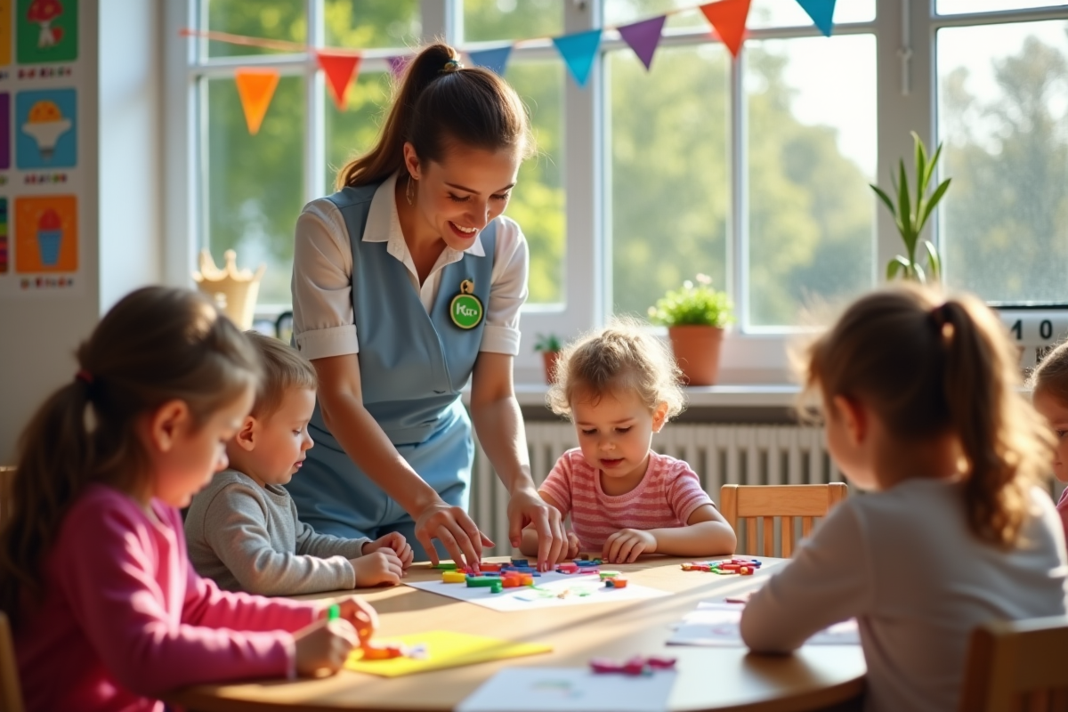 Assistante maternelle aidant enfants en classe maternelle