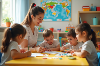 Une ATSEM aide doucement des enfants en classe maternelle