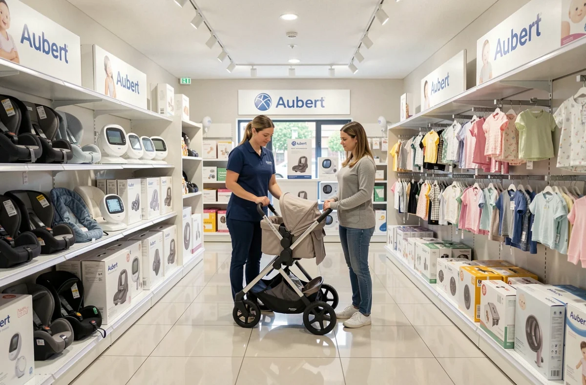 Intérieur du magasin Aubert à Valence avec rayons puériculture et employée conseillant une jeune mère