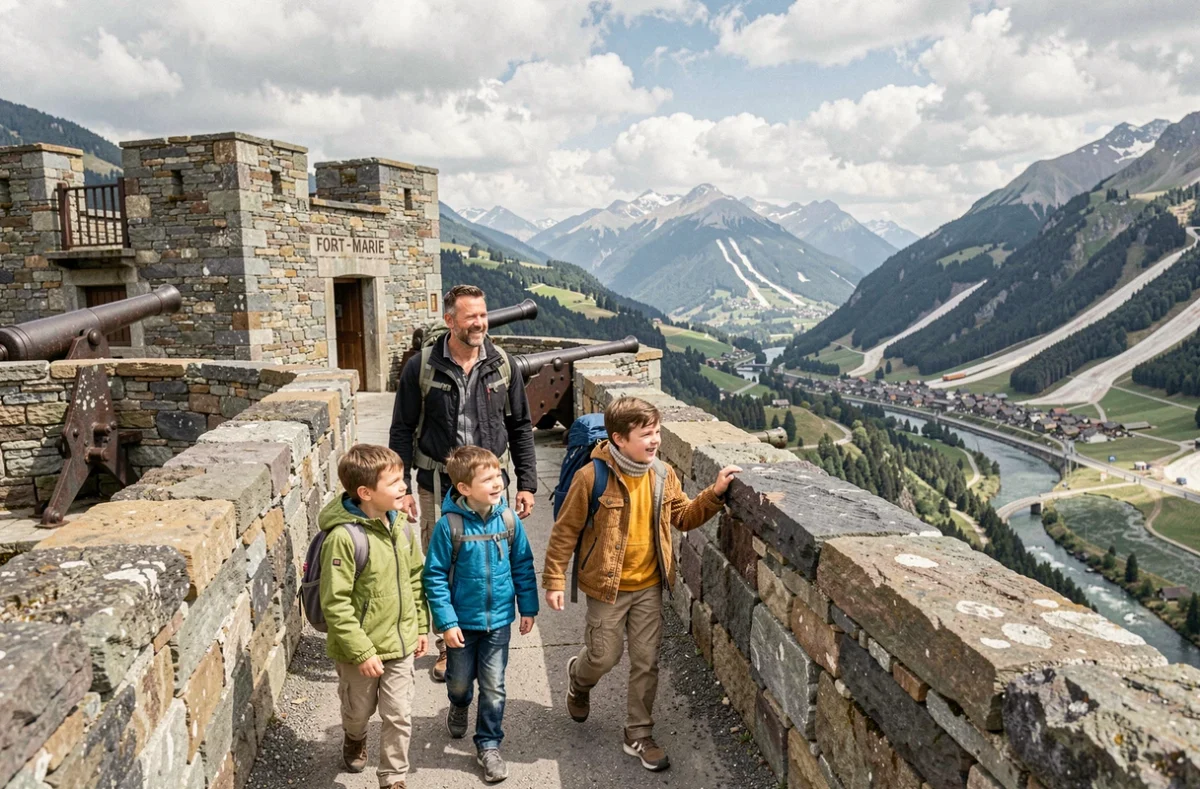 Père et enfants explorant les fortifications historiques de Fort Marie-Christine au-dessus du village d'Aussois en Maurienne