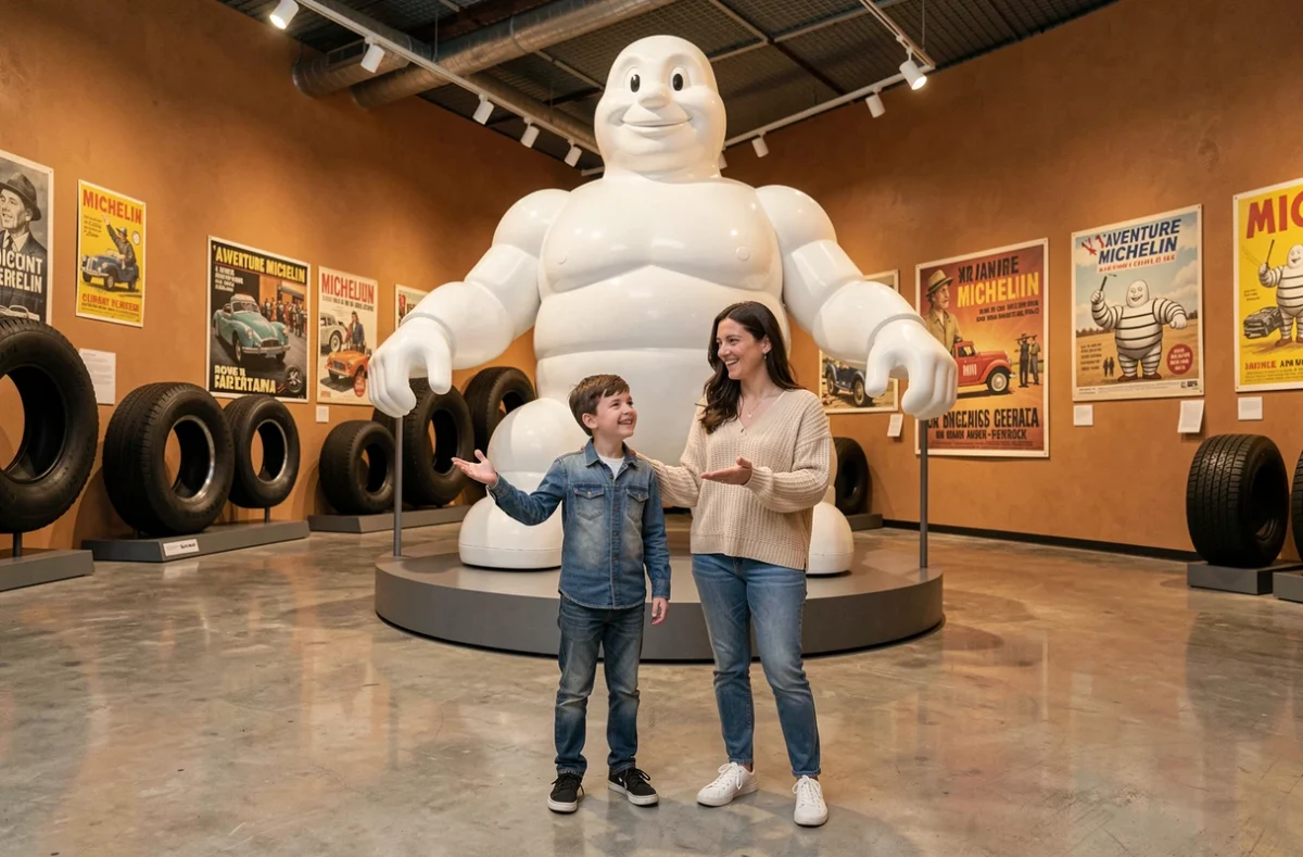 Mère et enfant devant le Bibendum géant au musée L'Aventure Michelin à Clermont-Ferrand