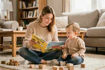Jeune baby-sitter lisant un livre illustré à un enfant en bas âge dans un salon familial chaleureux