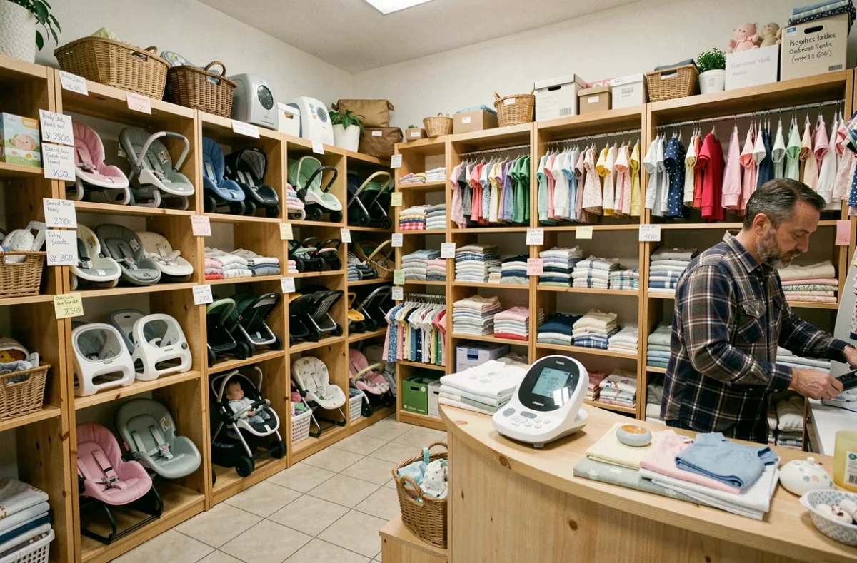 Intérieur de la boutique Baby's Troc à Clermont-Ferrand avec articles de puériculture d'occasion bien organisés