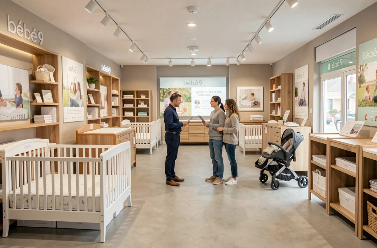 Showroom du magasin Bébé 9 à Valence avec mobilier bébé et un couple accompagné d'un conseiller