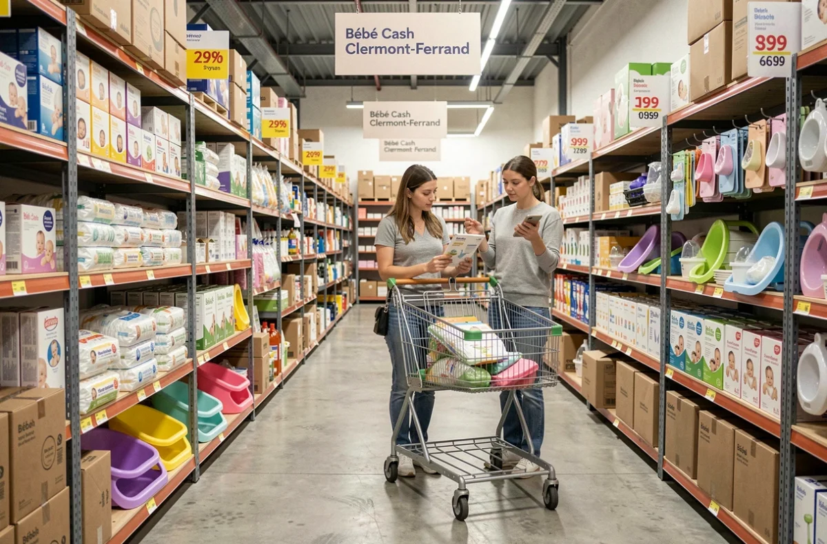 Intérieur du magasin Bébé Cash à Clermont-Ferrand avec articles de puériculture en format entrepôt discount