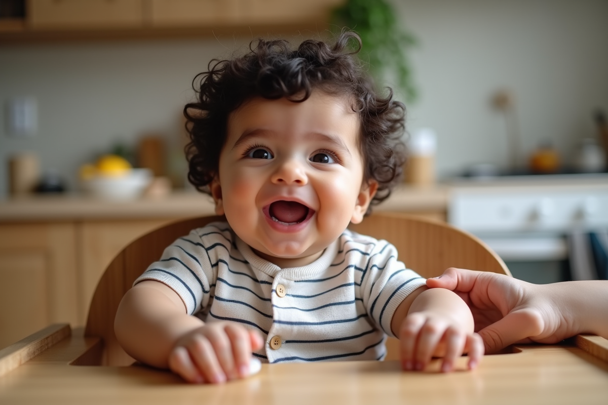 Bebe garçon curieux avec anneau de dentition dans la cuisine lumineuse