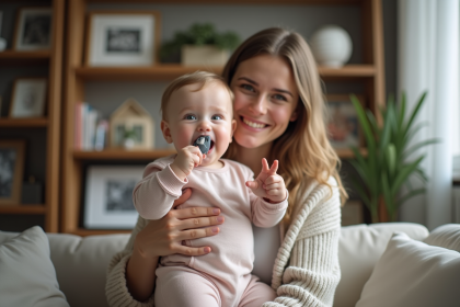 Bebe fille souriante avec maman dans le salon chaleureux