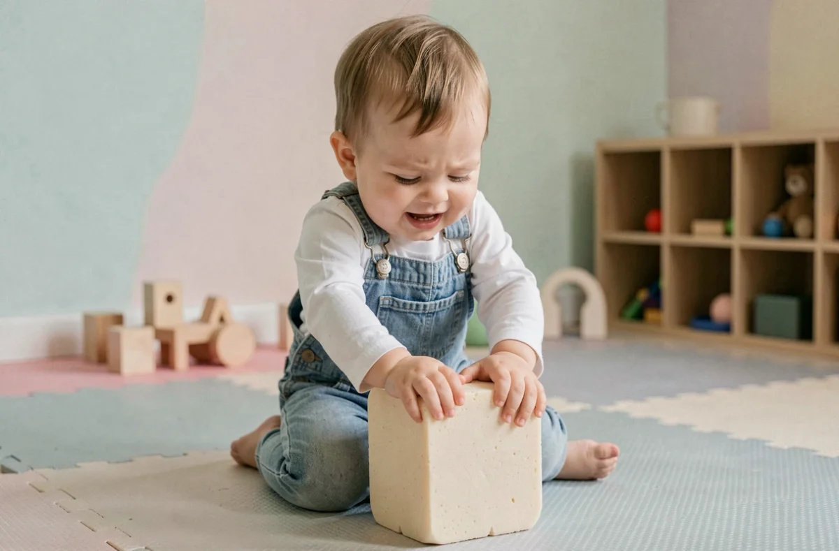 Bébé de 12 mois qui se hisse debout sur un module mousse lors d'un parcours motricité en salle de jeux dédiée