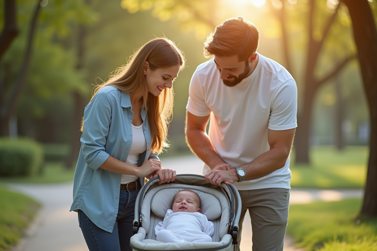 Jeune famille avec bébé dans un parc ensoleille