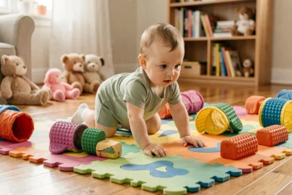Bébé de 10 mois qui rampe sur un parcours motricité coloré avec obstacles rembourrés dans un salon familial chaleureux
