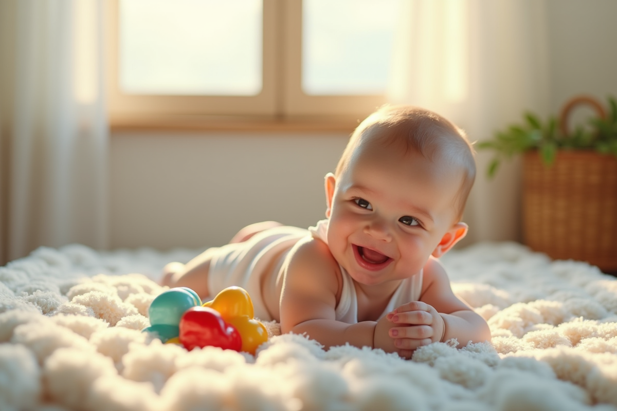 Bébé souriant de quatre mois jouant avec un jouet coloré