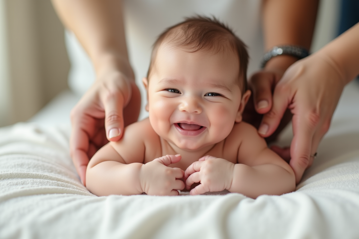 Bébé souriant sur une couverture blanche entouré par les mains des parents