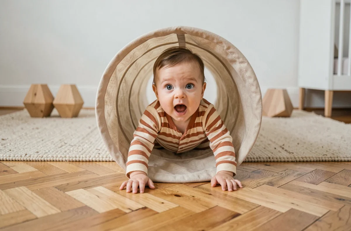 Bébé de 11 mois sortant la tête d'un tunnel en tissu souple lors d'un parcours motricité dans une chambre de style scandinave