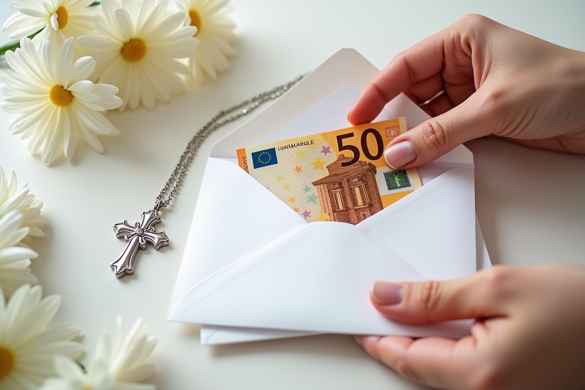 Gros plan sur un billet de 50 euros dans une enveloppe blanche