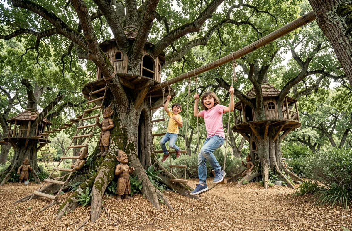 Enfants grimpant sur les structures en bois féeriques du Bois des Lutins à Peypin pour un anniversaire