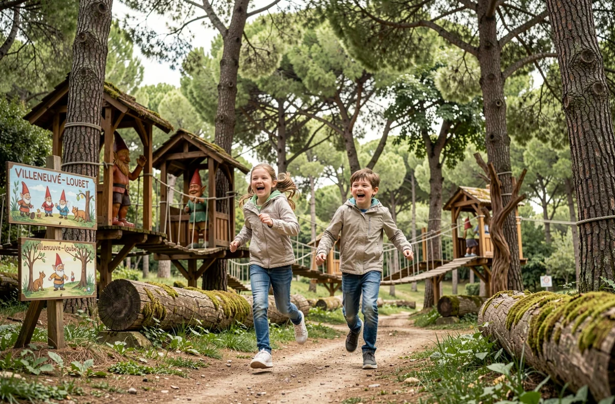Enfants courant dans le parc aventure féerique du Bois des Lutins à Villeneuve-Loubet