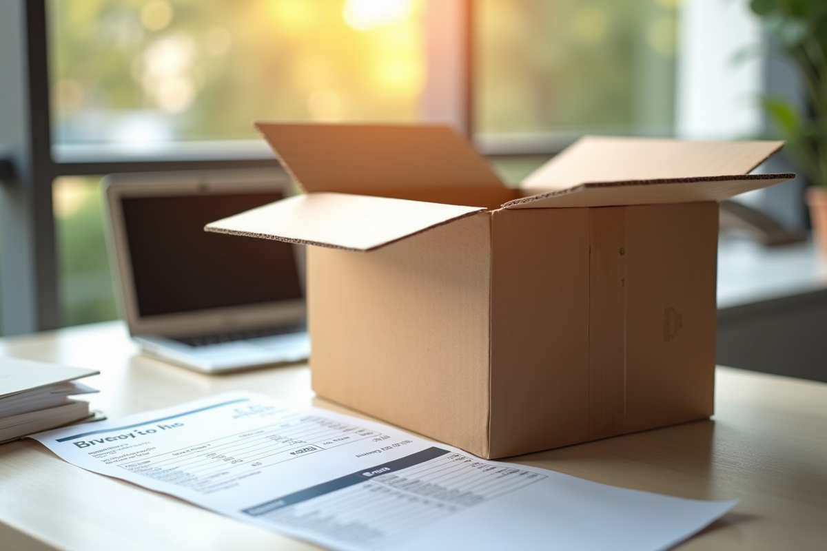 Boîte en carton ouverte sur un bureau avec un ordinateur portable