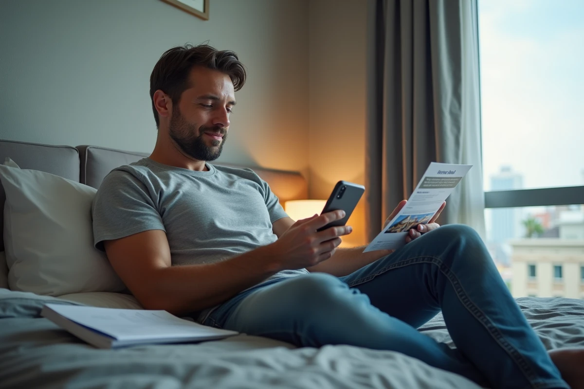 Père de famille vérifiant une application de bons plans voyage sur son téléphone dans une chambre d'hôtel