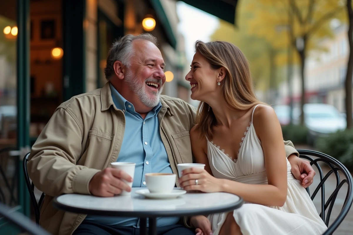 Couple discret et complice attablé en terrasse de café parisien, évoquant la vie sentimentale privée de Booder et sa compagne
