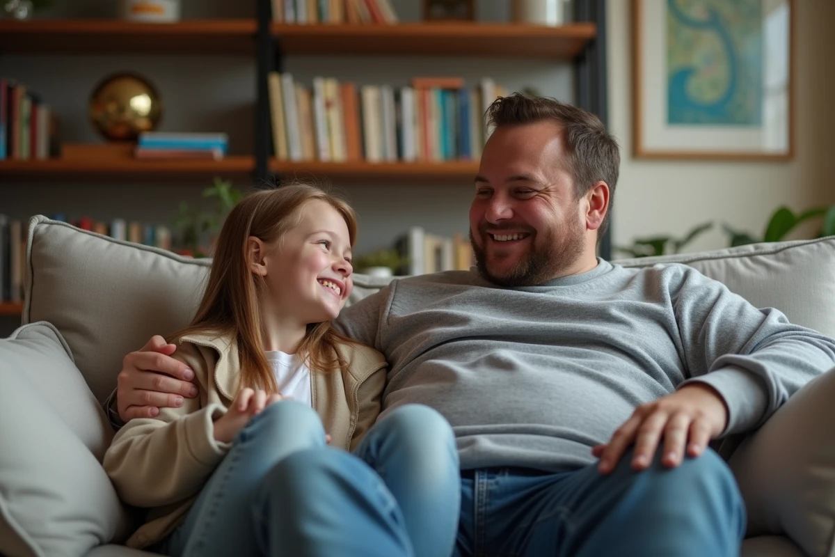 Scène familiale intime et chaleureuse dans un salon cosy, illustrant la vie de père discret et la vie privée de Booder