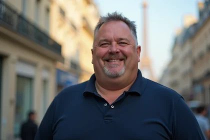 Portrait candide d'un homme jovial aux allures de comédien dans une rue parisienne, illustrant la vie discrète de Booder