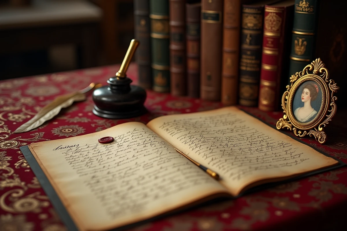 Bureau impérial du XIXe siècle avec lettres manuscrites, plume et miniature portrait dorée évoquant la correspondance intime et les liens affectifs entre Sissi et sa fille préférée Marie Valérie