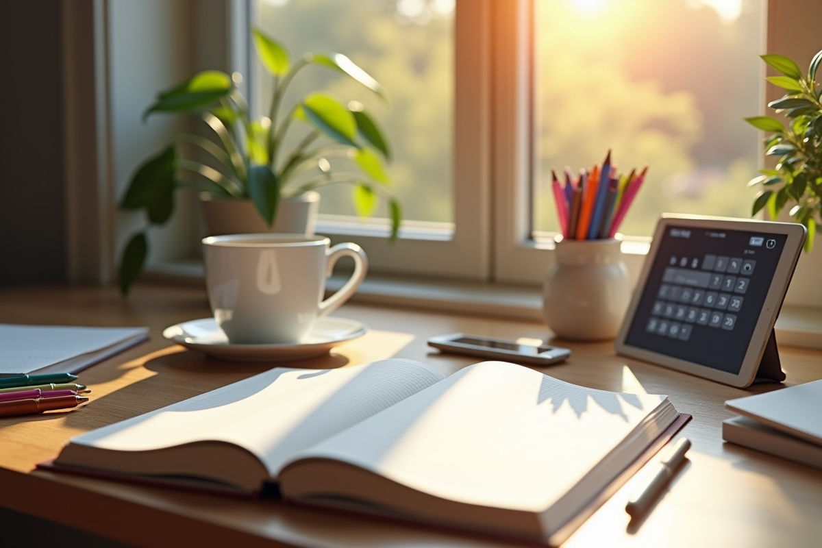 Bureau en bois organisé avec carnet et café pour productivite