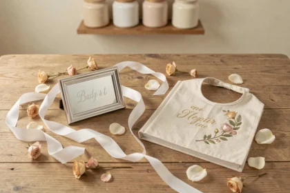 Cadeaux de baptême personnalisés disposés en flat lay sur une table en bois rustique, incluant un cadre gravé, un bavoir brodé et un livre illustré au prénom du bébé