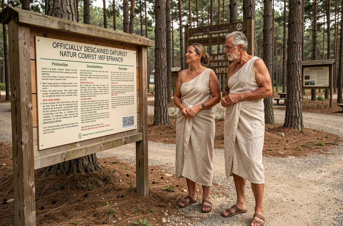 Couple lisant le panneau réglementaire à l'entrée d'un camping naturiste officiel entouré de forêt de pins en France