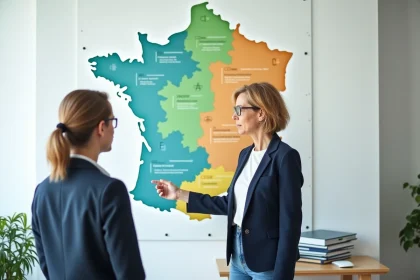 Fonctionnaire française pointant une carte des zones scolaires A, B et C affichée dans un bureau administratif