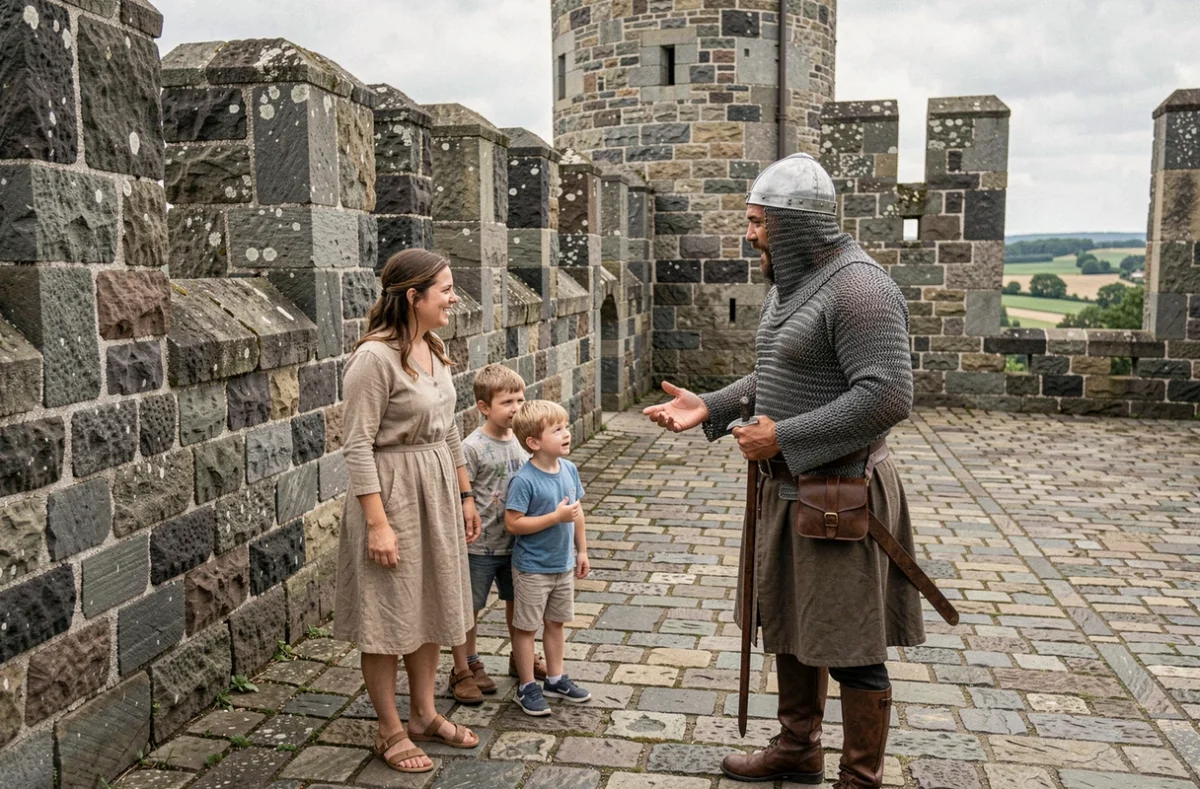 Famille écoutant un acteur en costume médiéval au Château de Murol en Auvergne