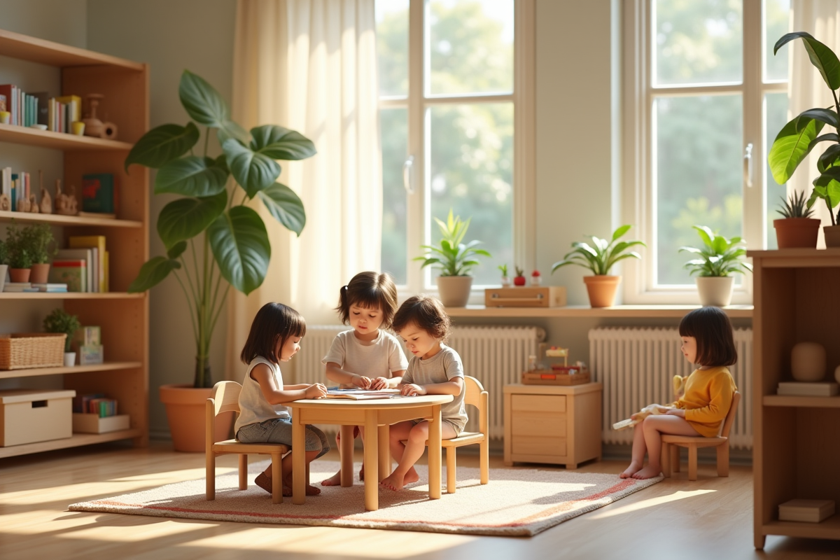 Enfants explorant des activités Montessori dans une classe lumineuse