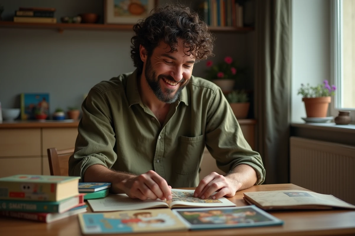 Homme adulte parcourant une collection de cassettes VHS et livres illustrés jeunesse français des années 80 et 90 sur une table en bois