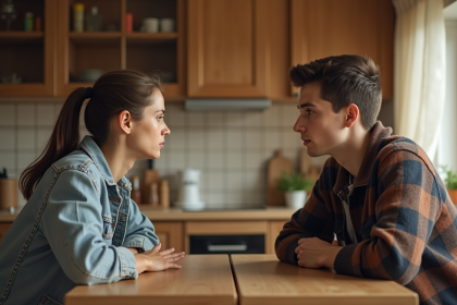 Femme et adolescent en discussion dans la cuisine