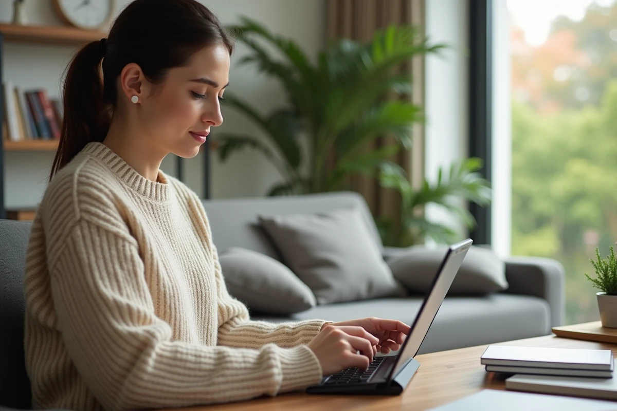 Jeune femme en téléhealth à domicile avec tablette