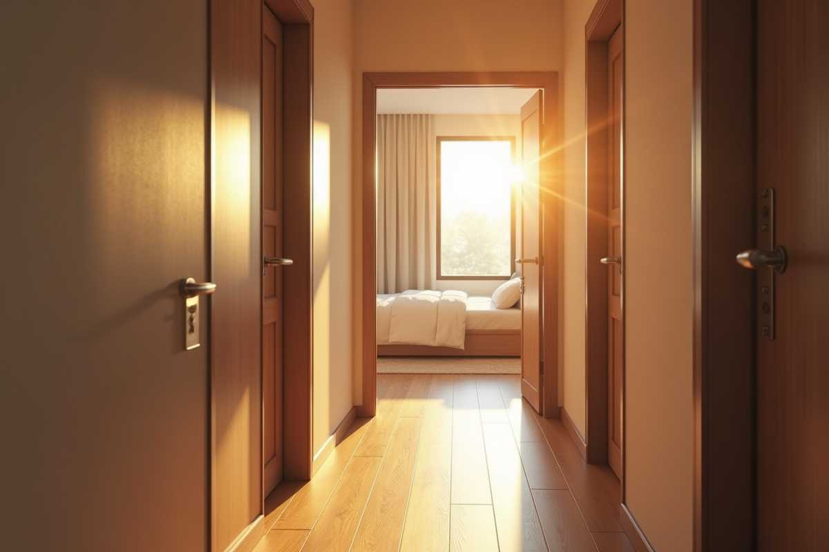 Couloir moderne avec porte de chambre et lumière naturelle