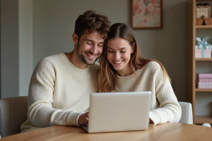Jeune couple souriant partageant un registre b&eacute;b&eacute; &agrave; la maison